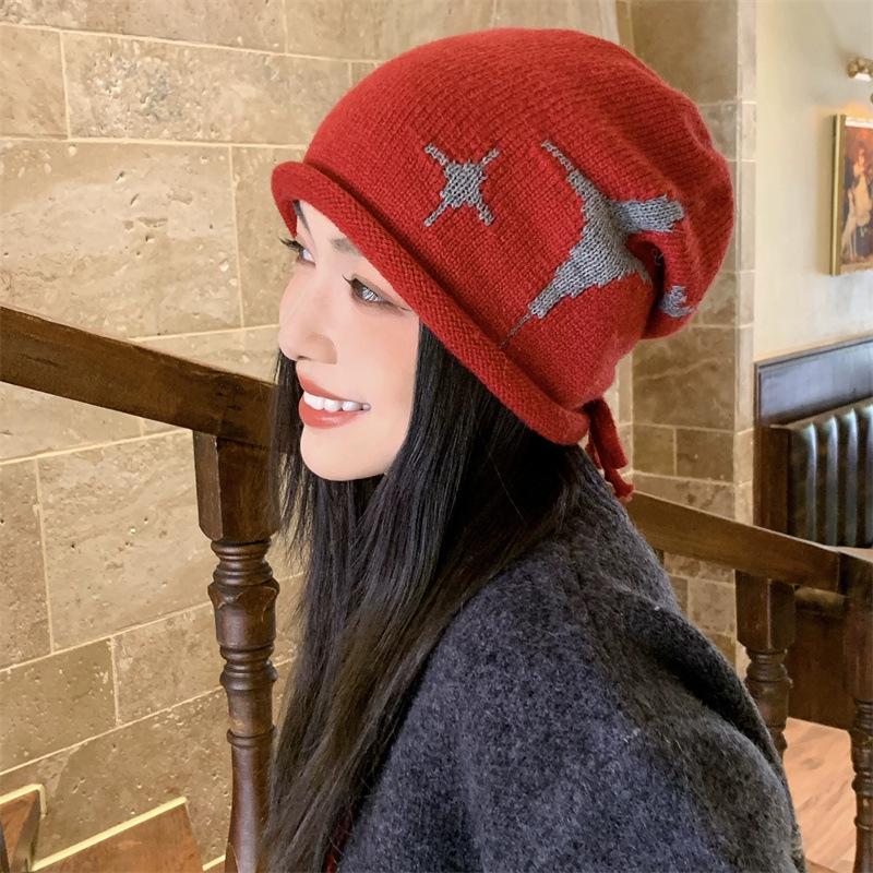 Star Pattern Curling Drawstring Beanies For Women Autumn And Winter Warm Ear Protection Versatile Retro Knitted Pullover Hats