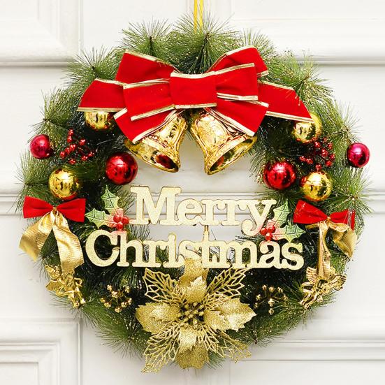 Christmas Wreath for Front Door Artificial Pine Needle Wreath with Balls Bows Flowers Merry Christmas Hanging Decor for Home Wall Window Porch Decor
