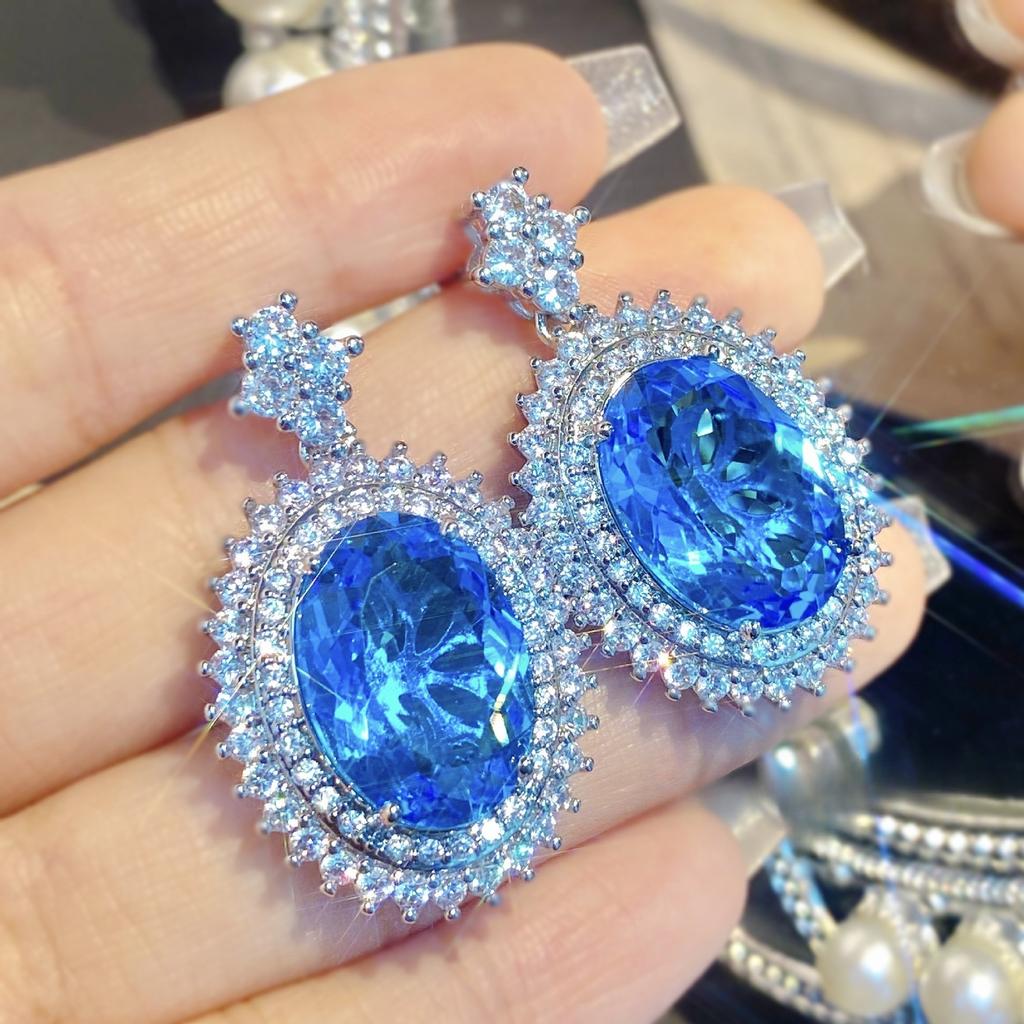 2026 Heavy Industry Aquamarine Pigeon Egg Big Gem Necklace Pendant Color Treasure Earrings Temperament Zircon Apple Green Ring