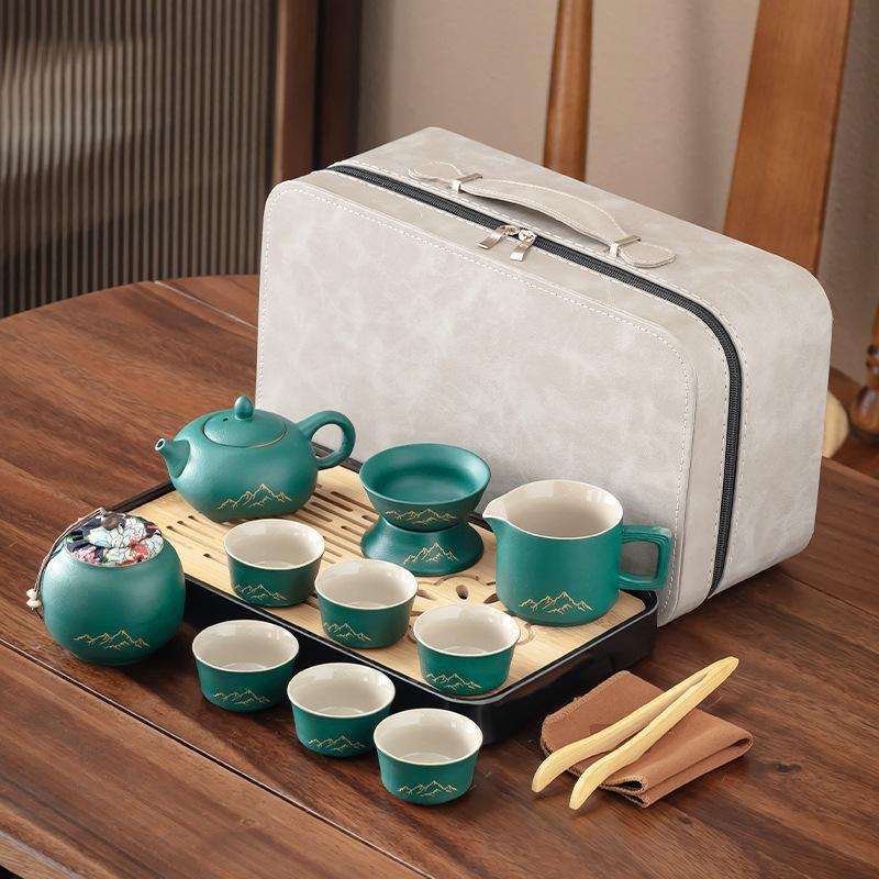 Китайский чайный сервиз из черной керамики в стиле легкой роскоши для заваривания чая, бытовой керамический чайный сервиз высокого класса с чайным подносом, полный набор в подарочной упаковке