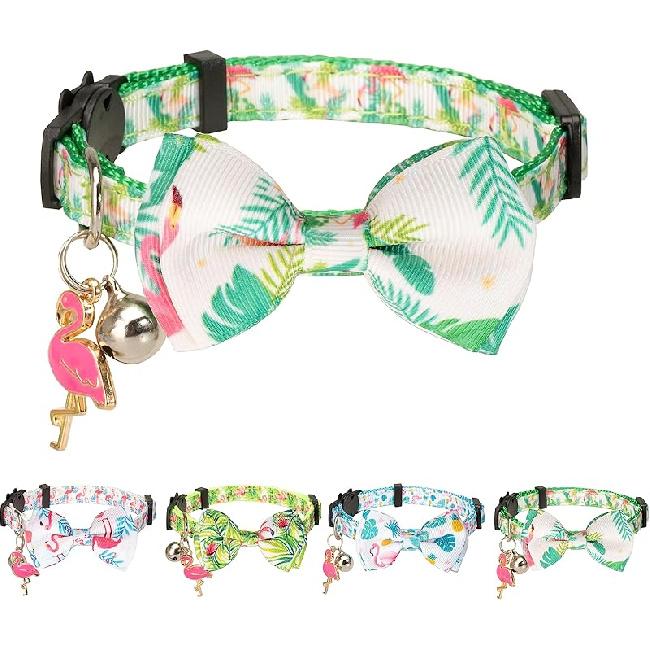 Cat Collar with Bow Tie Pink Flamingo Bell Pendant Charm Safety Detachable Cute Kitten Forest Tropic Leaf Plant Pattern Flamingo A