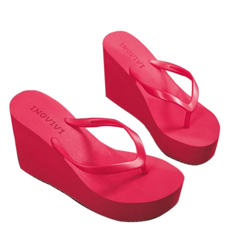 2024 High-heeled Shoes Lady House Slippers Platform Slides Low On A Wedge Rubber Flip Flops Summer Sand New Woman's Candy Colors