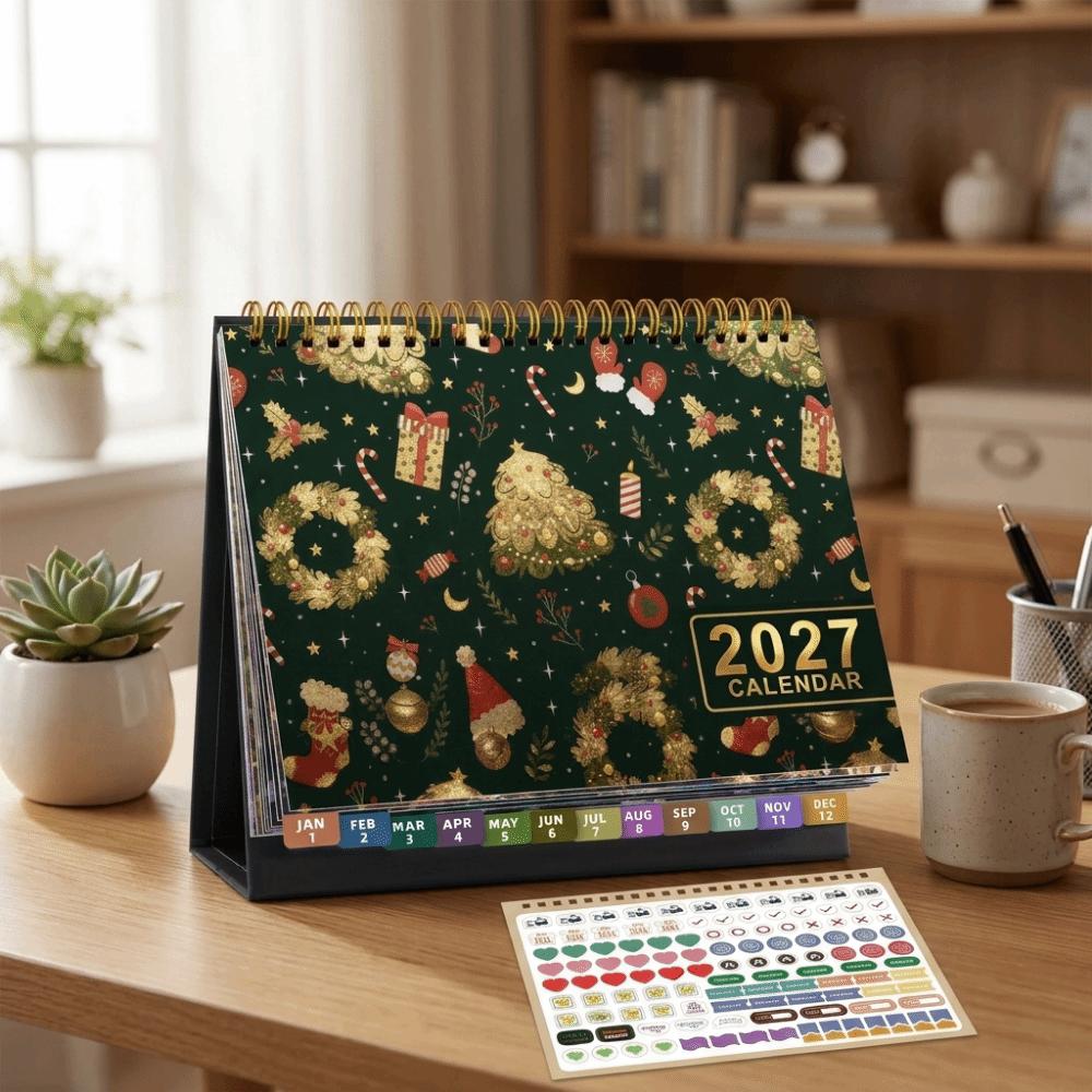 Spiral Bound Standing Flip Calendar Floral Pattern Table Calendar Schedule Organizer
