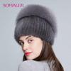 Real Fox Fur Hat Female Natural Mink Fur Winter Hats Rhinestones Decoration Fur Hat High Quality Beanies Style Beanie