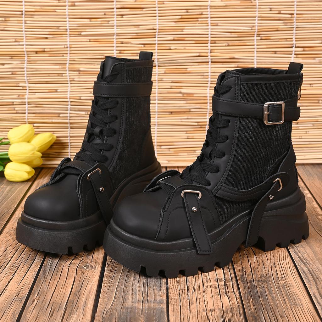 Fashion Autumn Winter Women's Gladiator Boot Chunky Heels Leather Punk Platform Shoes Buckle Motorcycle Boots Goth Chelsea Mujer Zapatos