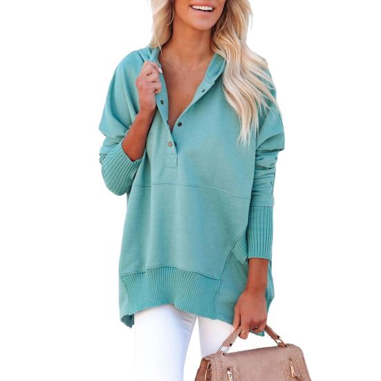 Женская толстовка с капюшоном большого размера на пуговицах с V-образным вырезом, длинными рукавами и карманами на весну, осень, зиму