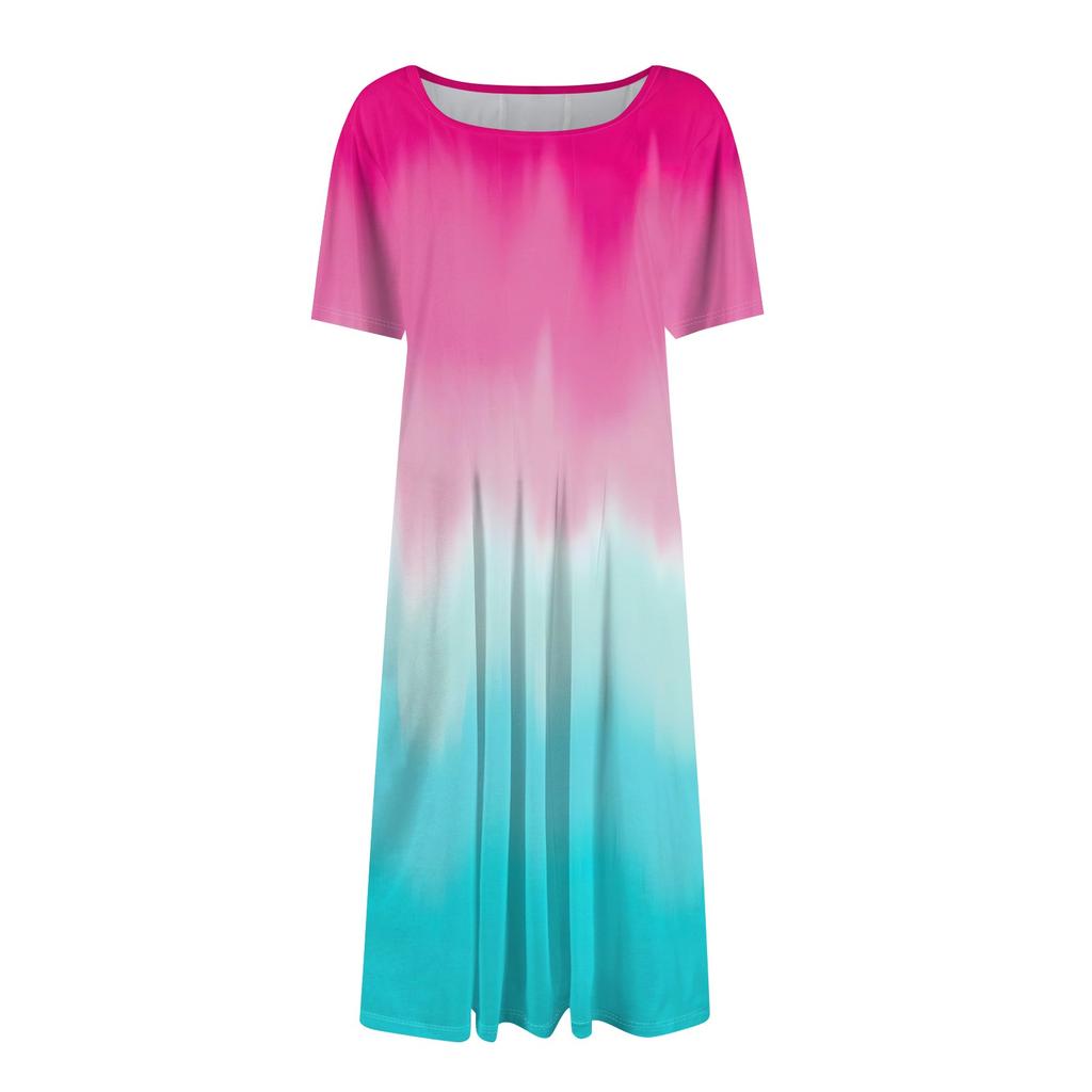 Женское повседневное модное платье с круглым вырезом и коротким рукавом средней длины с градиентом