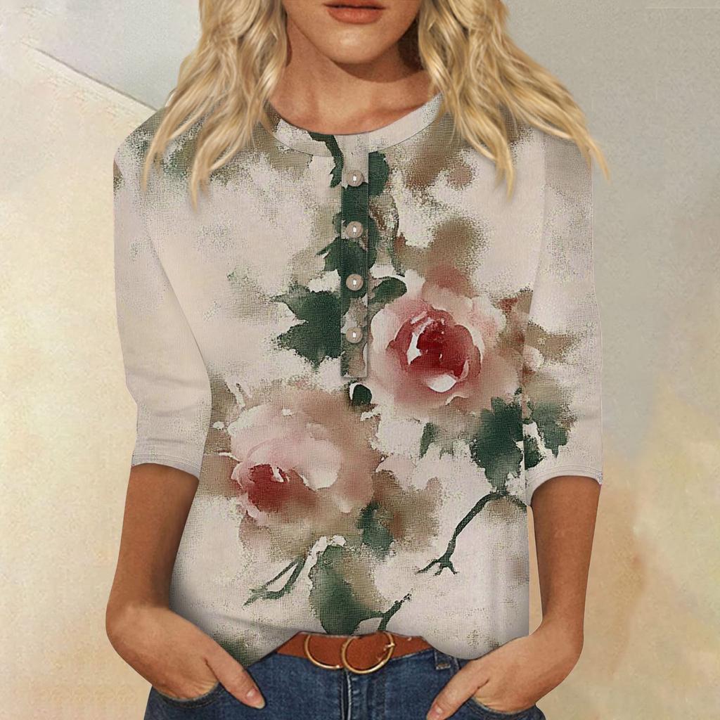 Женская мода повседневная 3/4 рукава цветочный принт пуловер круглый вырез топ повседневная одежда