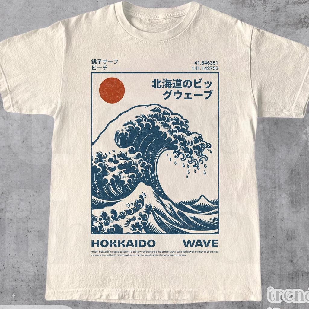 Рубашка Hokkaido Wave, Ретро-футболка для серфинга в японском стиле, Графическая футболка с изображением Великой волны Укиё-э, Винтажный хлопковый топ в пляжном стиле Японии