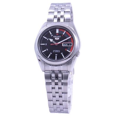 Мужской SNK375J1 (Seiko5 Черный циферблат Мужские) Круглые часы из серебристой нержавеющей стали, аналоговые