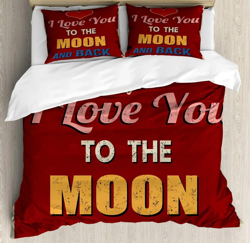I Love You Duvet Cover Hand Drawn I Love You To The Moon and Back Words with Stars Celebration King Size Polyester Bedding Set