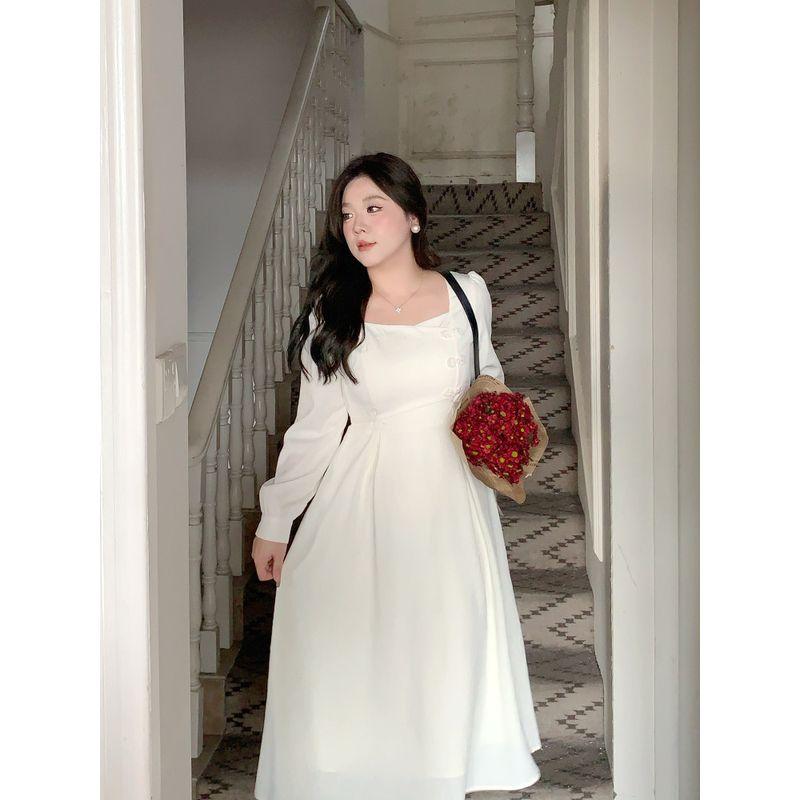 Belly Not Meat Plus Size Women's Clothing New Chinese Style Improved Cheongsam Dress Plus Size Ladies Temperament Waist-Controlled Slim White Dress