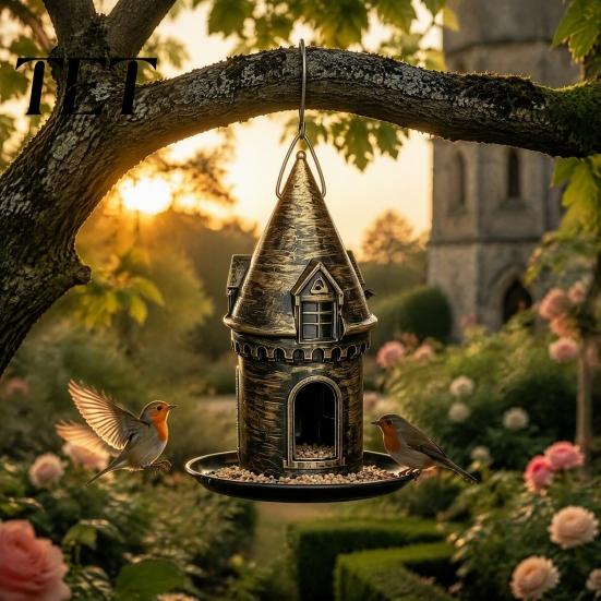 Large Capacity Garden Bird Feeder Retro Castle Feeder, Metal Hanging Outdoor Wild Watching Supplies for Backyard Balcony Decor Patio