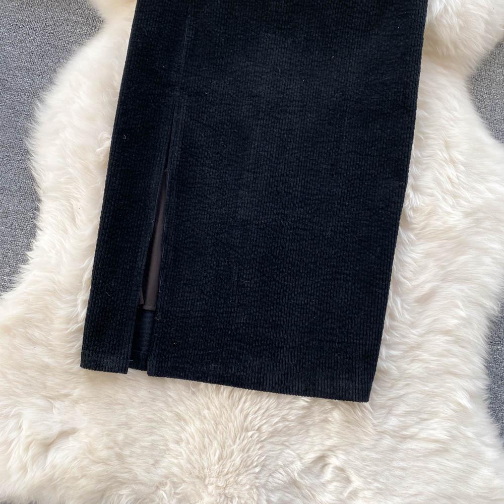 Юбка в стиле ретро с высокой талией и разрезом, свитер: Стиль Гонконг и Корея, облегающий, средней/длинной длины, подходит для ранней осени и зимы