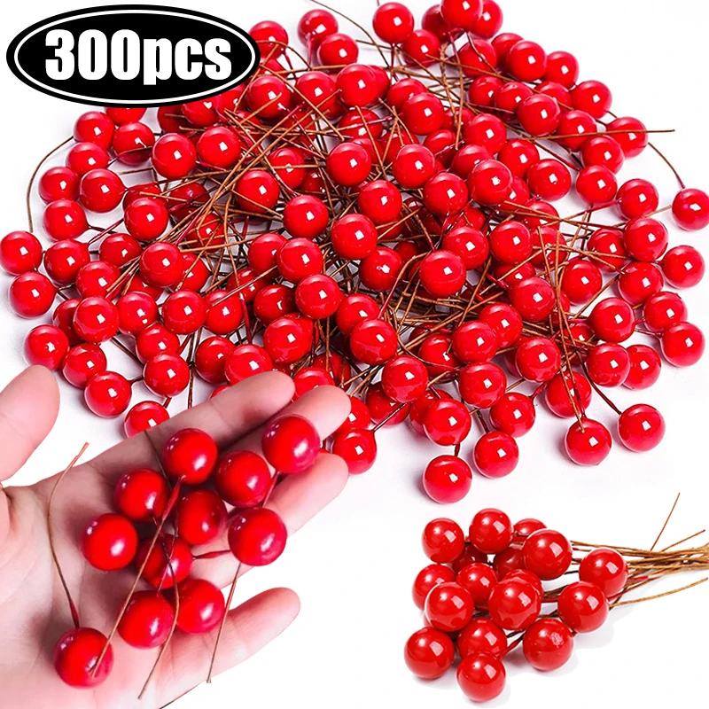100/300Pcs Christmas Berry Red Artificial Flowers Pearl Stamens Foam Cherry Small Berries for Wedding Party DIY Home Decorations