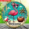 2D плоский 20*20 см 1 шт. Добро пожаловать Красивый розовый фламинго и узор кокоса Круглый деревянный подвесной знак, тропический пляжный стиль Приветственная художественная табличка, подходит