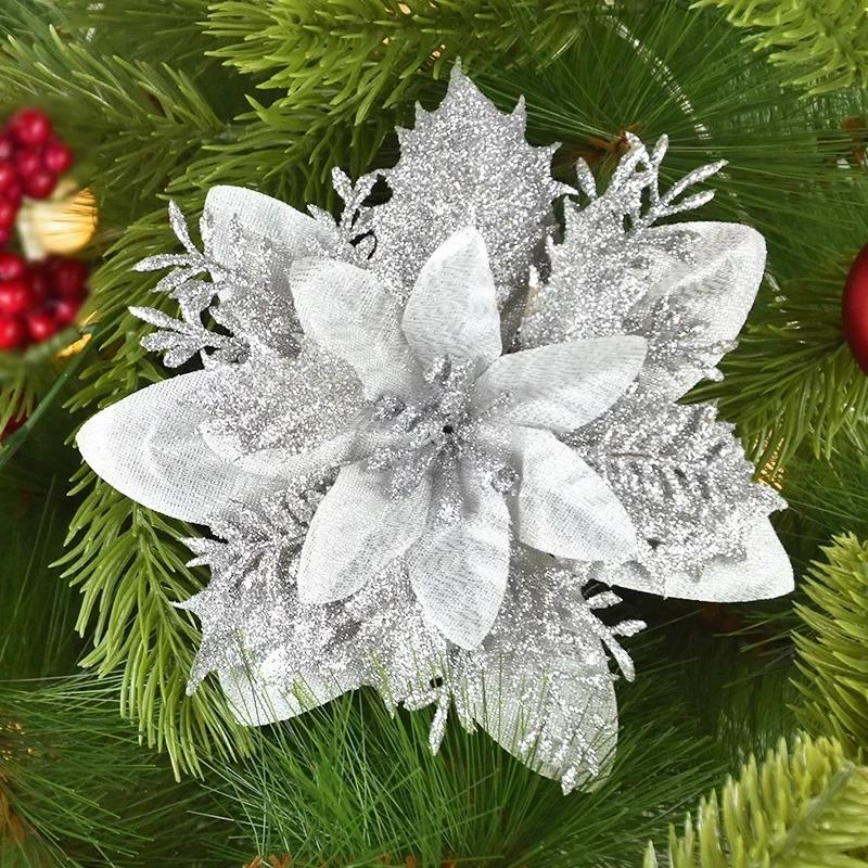 Christmas Glitter Artificial Flowers Floral Silk Fake Flower with Clips for Xmas Tree Hanging Ornaments New Year Gift Home Decor