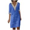 Ladies Lace Stitching V Neck Embroidered Exquisite Embroidered Lace Short Sleeve Cotton Linen Dress Summer Linen  Dress