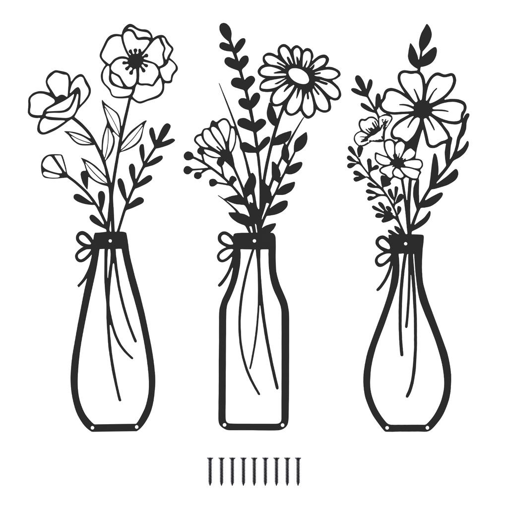 3Pcs Metal Flowers Wall Art Exquisite Metal Vase Wall Decor Floral Ornaments Rustic Farmhouse Decor for Living Room Bathroom