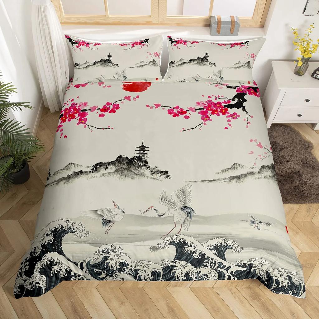 3D Japanese Wave Print Duvet Cover Set, Soft Microfiber Vintage Ukiyo-e Bedding Set With Pillowcases