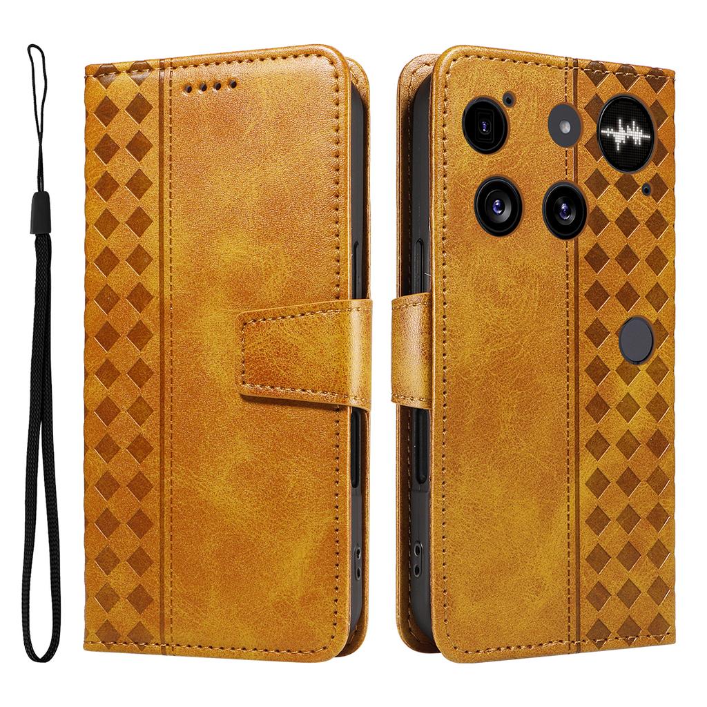 For Nothing Phone (3) 5G Leather Case Wallet Stand Grids Imprinted Phone Cover with Strap