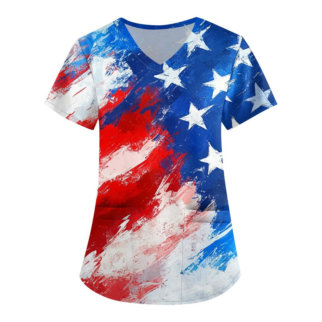 Women's Fashion V-neck Short-sleeved Work Dress With Pockets Independence Day Printed Top Carer Suit
