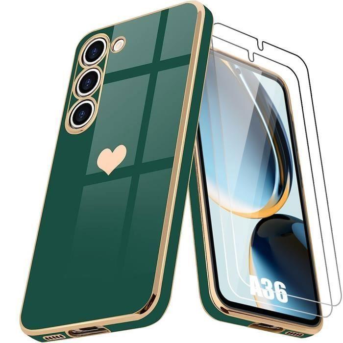 Coque de protection - BOOLING - pour Samsung Galaxy A36 - Vert Nuit - Motif Cœur - 2 Verres Trempés 9H