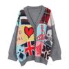 French Planet V-neck Knit Cardigan: Autumn Winter Plaid Heart Sweater, Long Sleeve, College Style, Age-Reducing, Loose Fit.