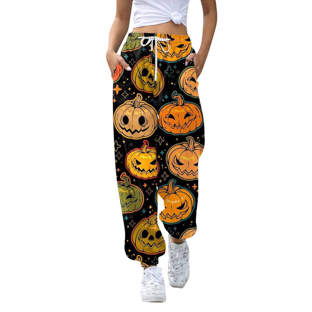 Женские повседневные модные брюки для отдыха с принтом на Хэллоуин, спортивные штаны, брюки с эластичной резинкой на талии, брюки со шнурком