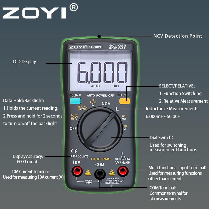 ZOYI ZT-102L automatic range inductance multimeter Compact high-precision anti-burn multimeter 60H