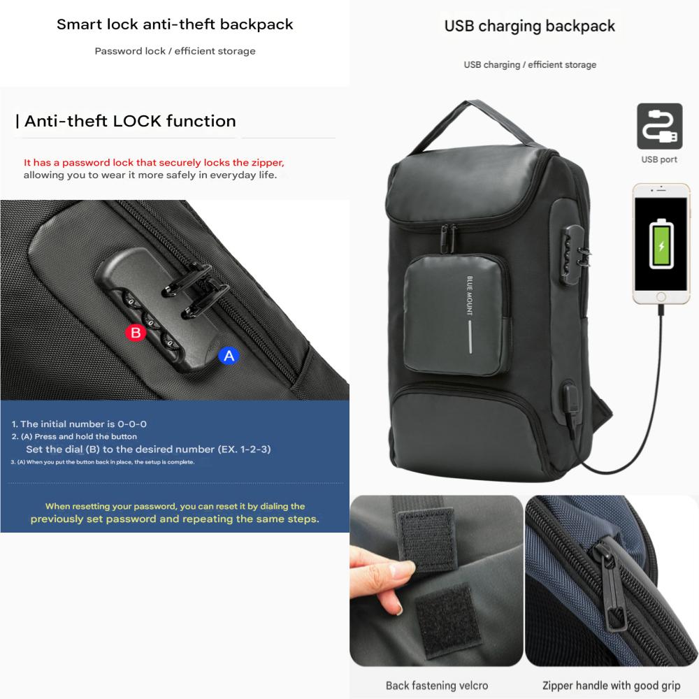 Умный замок Blue Mount 9907 с USB-подзарядкой, водонепроницаемый рюкзак
