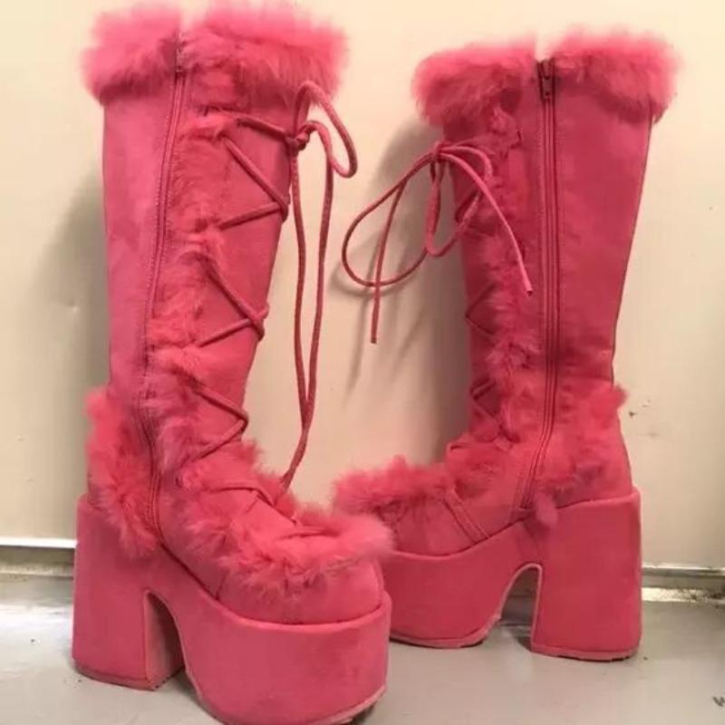 Fashion New Winter Women Snow Boots Platform Wedge High Heel Faux Fur Lady Shoes Female Plush Warm Non-slip Mid Calf Boots Goth Shoes