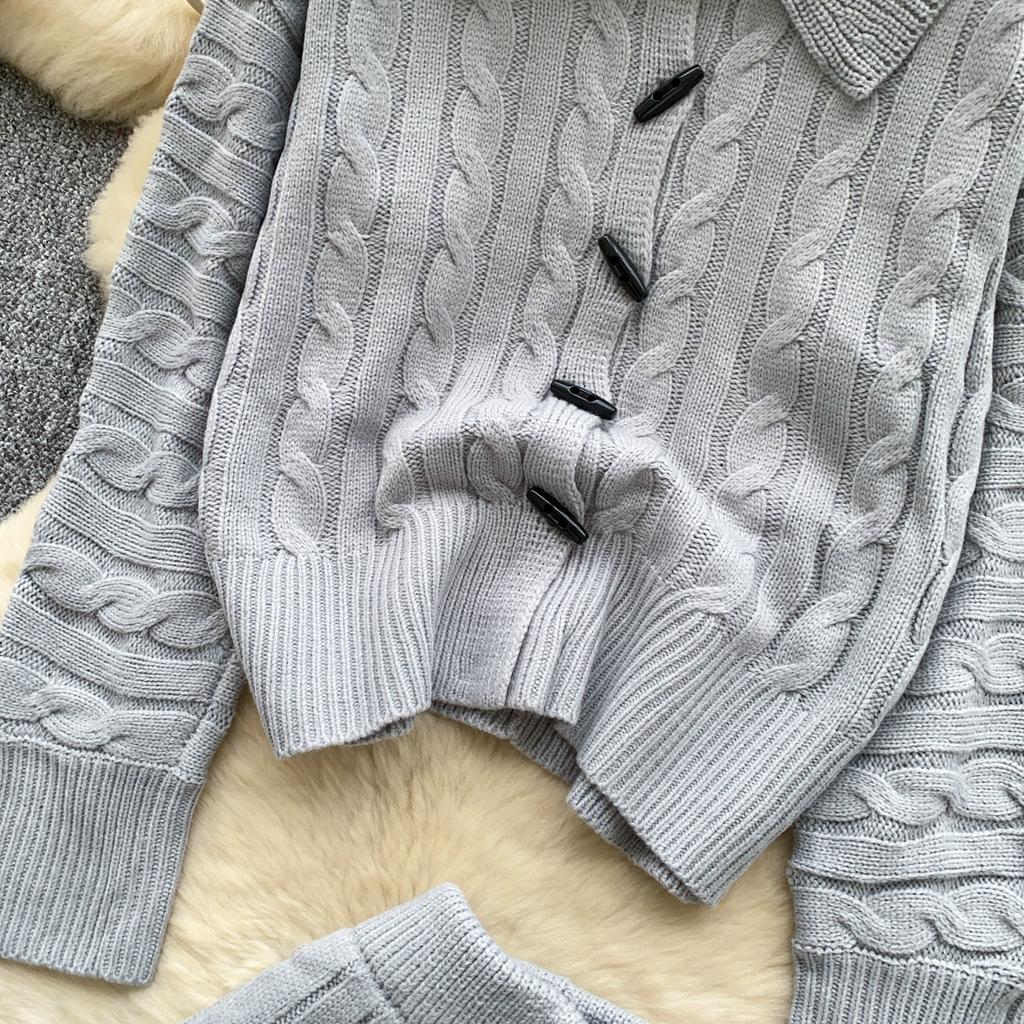 Autumn Winter Women Casual Knitted Twist Sweater Pant Two Piece Set Lapel Horn Button Cardigan Jacket and Elastic Waist Shorts Tracksuit