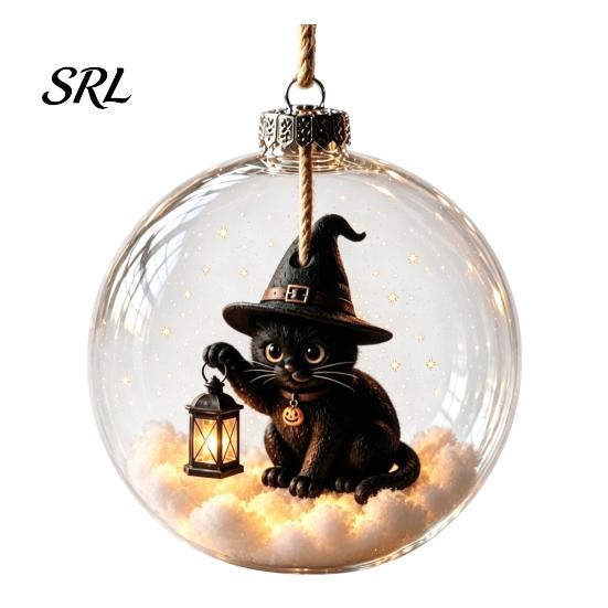 Indoor Holiday Hanging Ball Halloween Glowing Sphere, Lighted Clear Ornament, Cute Witch Office Event Decoration Cat, LED for Mantel Party Decor Home