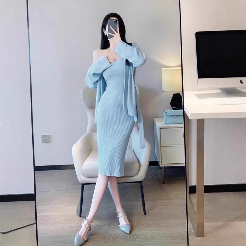 Womens Elegant Knit Sweater Skirt Set Blue Mid-Length Casual Outfit French Chic Style 2025 Fall