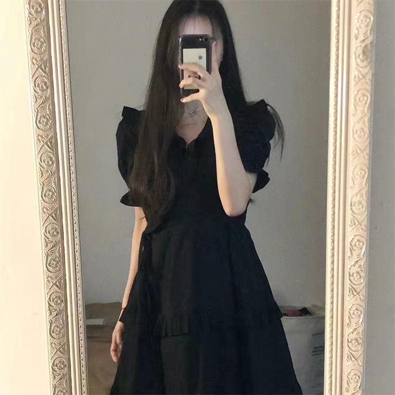 Черное платье для женщин, короткое платье со свободной талией, готическое летнее однотонное повседневное сексуальное вечернее платье трапециевидной формы для дня рождения
