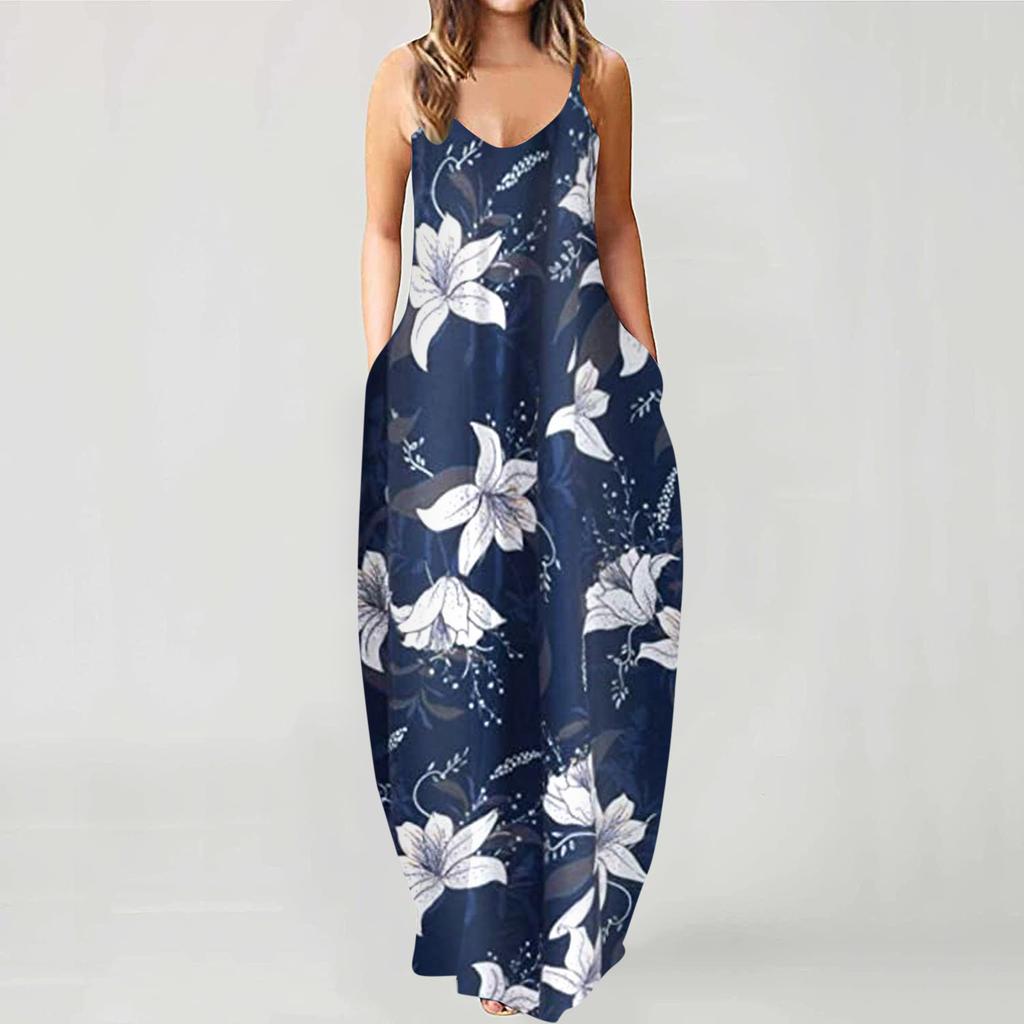 Женская мода Лето Повседневная печать V-образным вырезом Сексуальные платья без рукавов Длинные