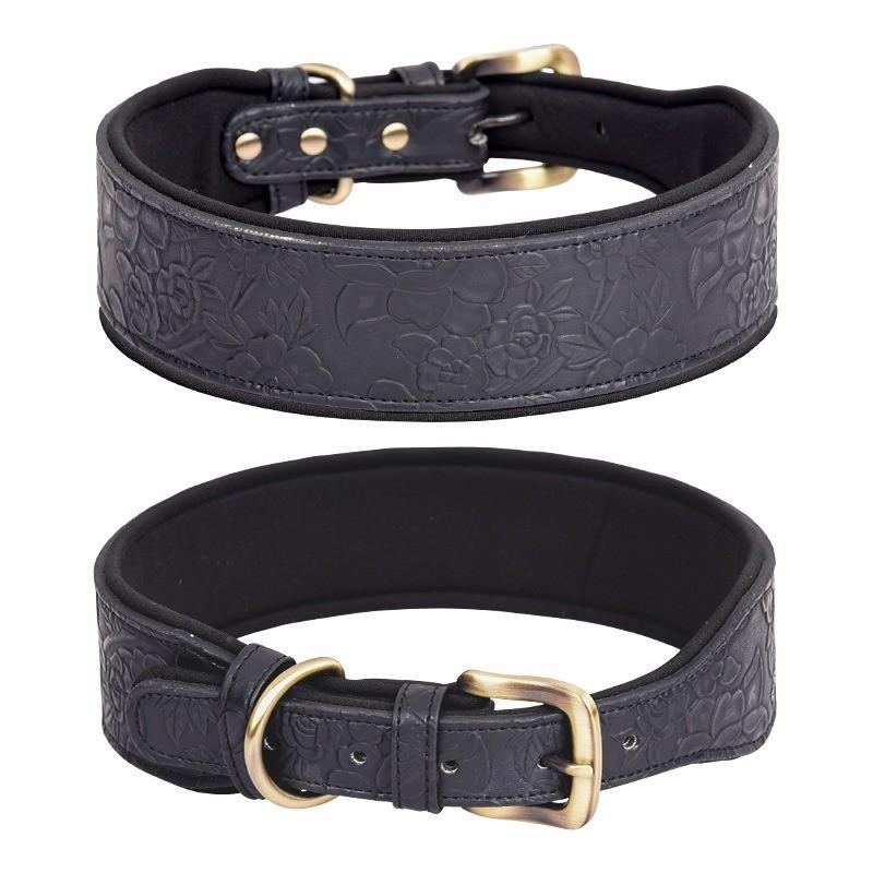 PU Leather Embossed Dog Collar Medium Large Dogs Sponge Padded Adjustable Black Brown Red Blue Green