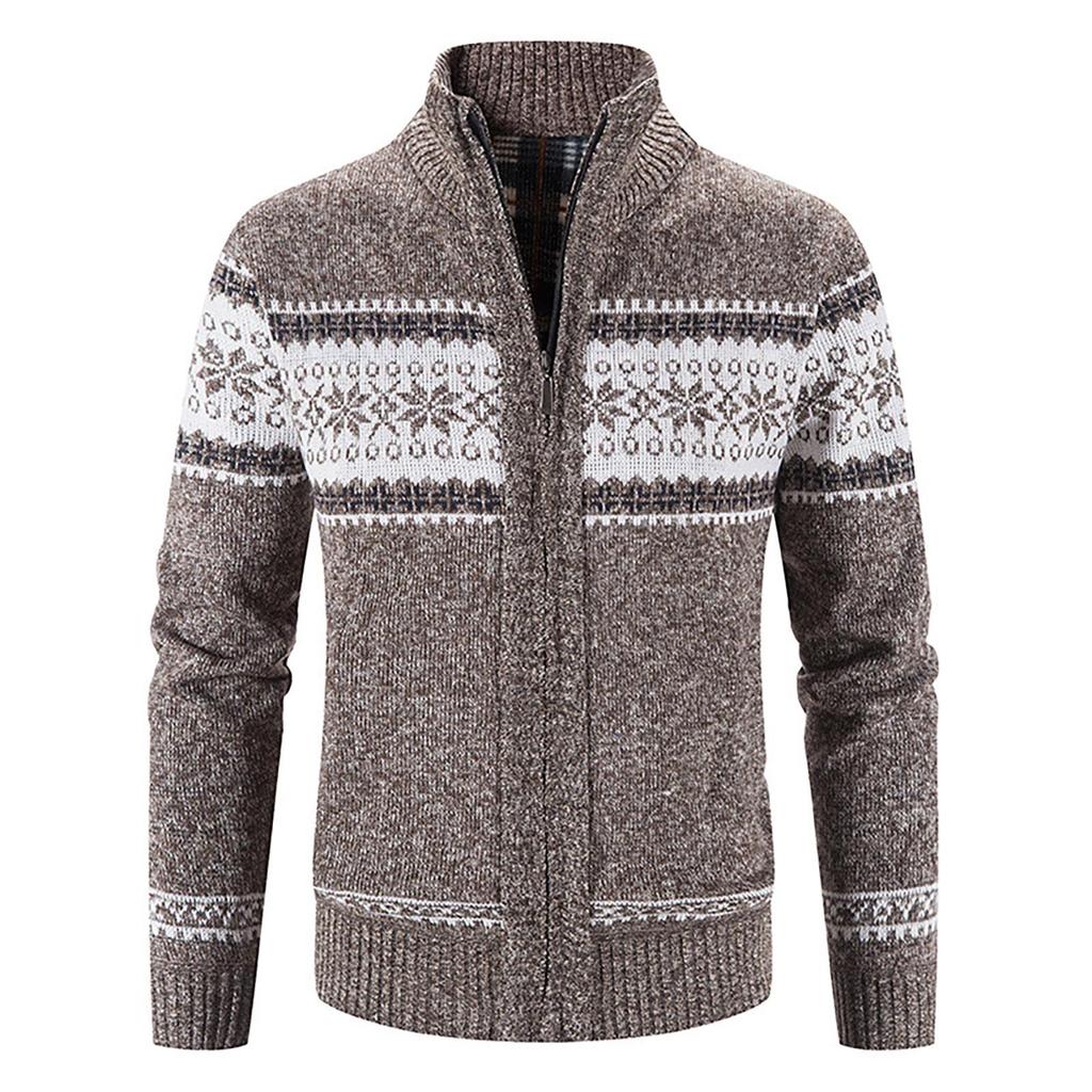 Men's Casual Autumn Winter Zipper Sweater Stand Collar Printed Cardigan Tops Sweater Blouse Coat
