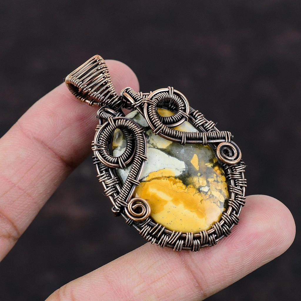 Подвеска из яшмы Малигано Кулон из медной проволоки Кулон из натурального драгоценного камня Красивые медные украшения Дизайнерский кулон ручной работы Подарок для него