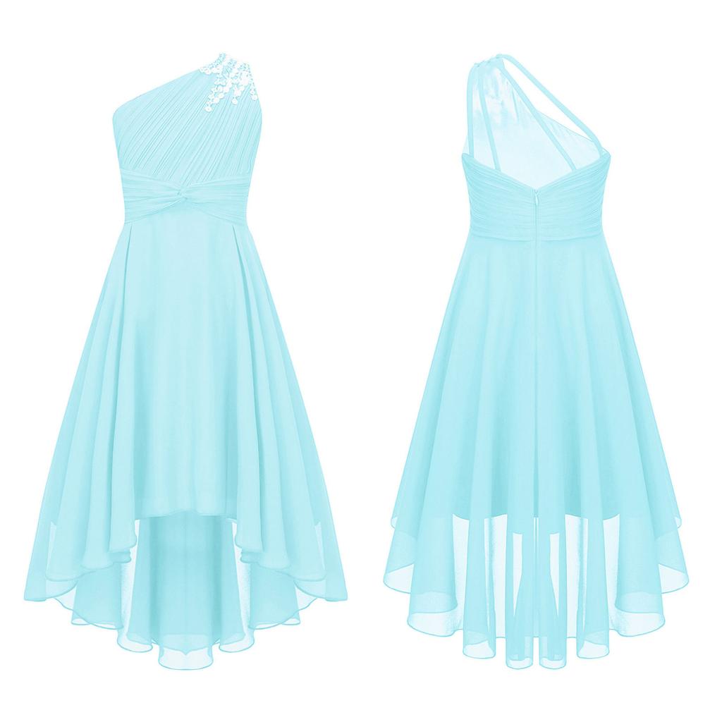 Kids Girls One Shoulder Sleeveless Bridesmaid Dress High Waist Party Dress for Evening Proms Gowns