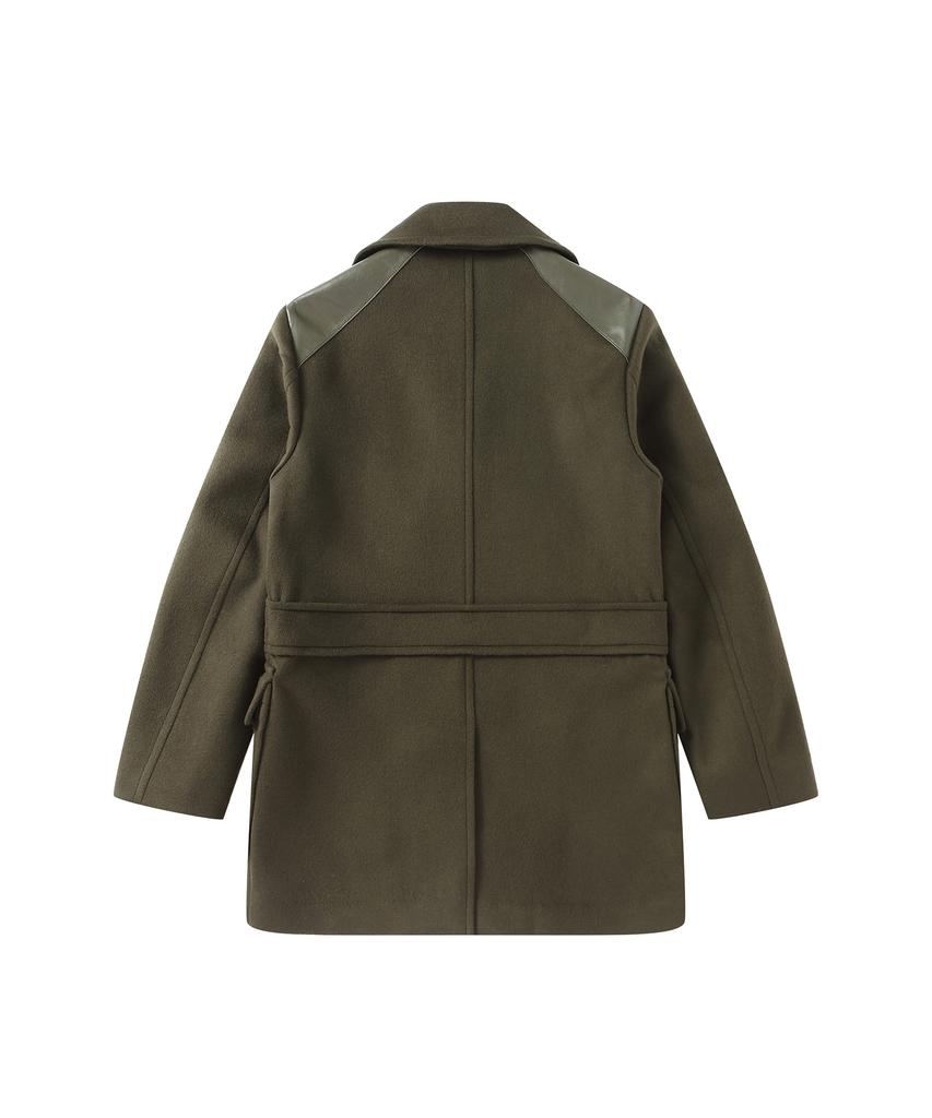 Solew Double-Breasted Leather Patched Coat_Olive Green