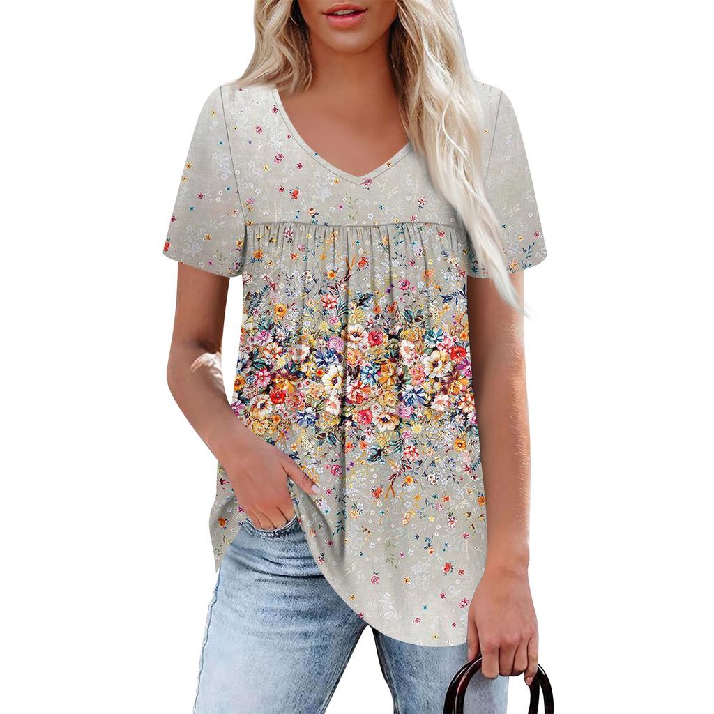 Women's Casual V-Neck Short Sleeve Chest Ruffle Printed Top