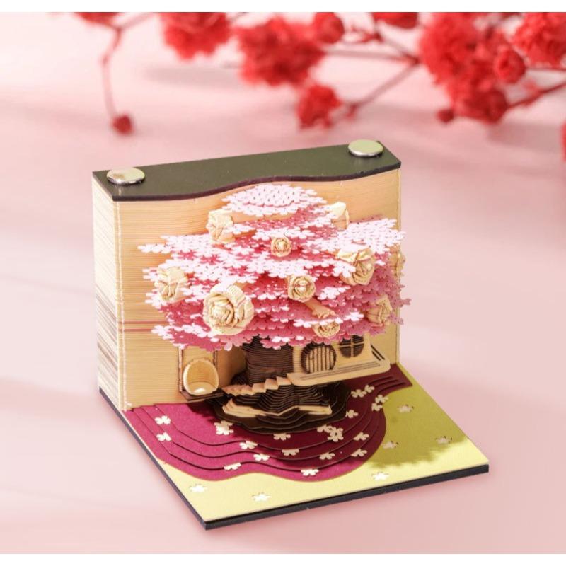 3D Бумажная Скульптура Розовый Деревянный Домик Блокнот - Ручной работы Отрывной Блок для Заметок и Настольное Искусство Подарок на День Рождения Домашний Декор