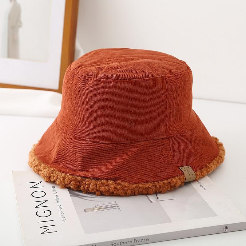 Double-sided corduroy fisherman hat, women's lamb wool fisherman hat, warm bucket hat