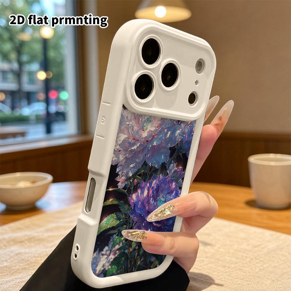 Phone Case: 2D flat design for iPhone 13-18 Pro, stepped protective case, iridescent starry peony, Christmas and Halloween gift