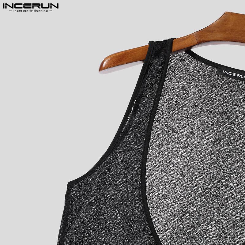 INCERUN Men Deep V Neck Strap Sleeveless See Through Mesh Sheer Tank Tops