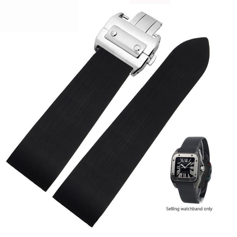 Ремешок для часов Cartier Sandoz Santos 100 W20073X8 W20106X8 W2020008 Силиконовый каучуковый браслет Мужской Женский Черный ремень 20 23 25 мм