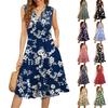 Женские летние повседневные платья без рукавов с V-образным вырезом и плиссированными оборками в винтажном стиле с цветочным принтом