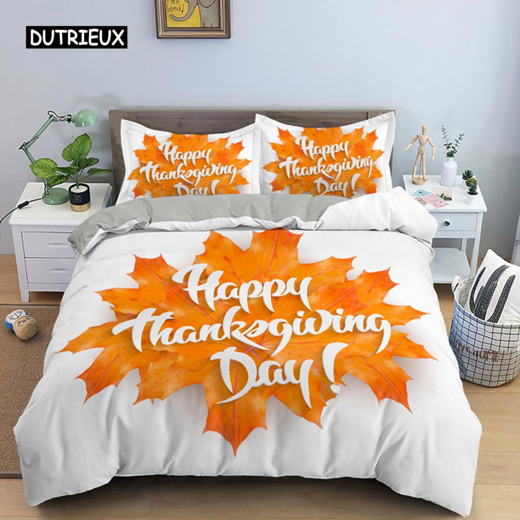 Осенний пододеяльник на День благодарения King Queen Cartoon Orange Pumpkin Turkey Комплект постельного белья Кленовые листья Мягкий полиэстеровый пододеяльник